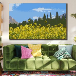Sunshine Bloom | Cheerful Valley Flowers Amidst Pine Tree Serenity | Premium Canvas Art | Wall Art | Painting | Large Size | 48 inch x 30 inch or 4 feet x 2.5 feet | Orientation - Landscape