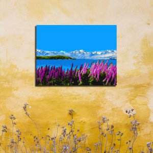 Alpine Blooms - Lake Serenity with Snow-Capped Mountain Majesty | Premium Canvas Art | Wall Art | Painting | Size | 24 inch x 18 inch or 2 feet x 1.5 feet | Orientation - Landscape