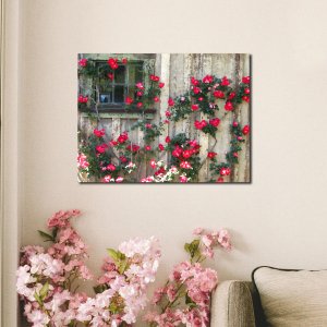 Wall of Blossoms - Red Flowers blooming the Cottage |  Premium Canvas Art | Wall Art | Painting | Oil Painting Style Print | Size | 24 inch x 18 inch or 2 feet x 1.5 feet | Orientation - Landscape
