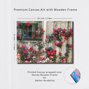 Wall of Blossoms - Red Flowers blooming the Cottage |  Premium Canvas Art | Wall Art | Painting | Oil Painting Style Print | Size | 24 inch x 18 inch or 2 feet x 1.5 feet | Orientation - Landscape