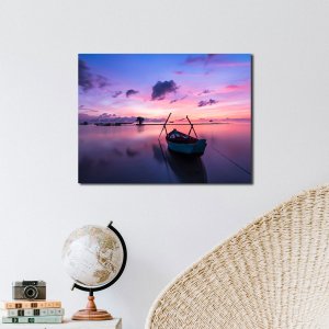 Silhouetted Serenity - A Boat witnessing a picturesque Sunset in the Ocean | Premium Canvas Art | Wall Art | Painting | Oil Painting Style Print | Size  - 24 inch x 18 inch or 2 feet x 1.5 feet | Orientation - Landscape