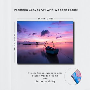 Silhouetted Serenity - A Boat witnessing a picturesque Sunset in the Ocean | Premium Canvas Art | Wall Art | Painting | Oil Painting Style Print | Size  - 24 inch x 18 inch or 2 feet x 1.5 feet | Orientation - Landscape