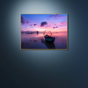 Silhouetted Serenity - A Boat witnessing a picturesque Sunset in the Ocean | Premium Canvas Art | Wall Art | Painting | Oil Painting Style Print | Size  - 24 inch x 18 inch or 2 feet x 1.5 feet | Orientation - Landscape
