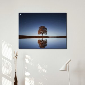 Reflection - The Solitary Tree with moon and stars in the serene night sky | Premium Canvas Art | Wall Art | Painting | Size - 24 inch x 18 inch or 2 feet x 1.5 feet | Orientation - Landscape