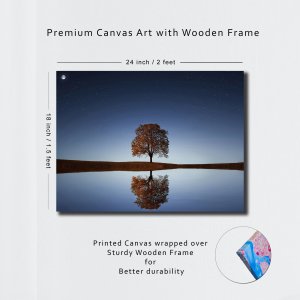 Reflection - The Solitary Tree with moon and stars in the serene night sky | Premium Canvas Art | Wall Art | Painting | Size - 24 inch x 18 inch or 2 feet x 1.5 feet | Orientation - Landscape