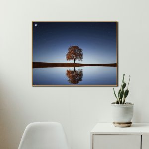 Reflection - The Solitary Tree with moon and stars in the serene night sky | Premium Canvas Art | Wall Art | Painting | Size - 24 inch x 18 inch or 2 feet x 1.5 feet | Orientation - Landscape
