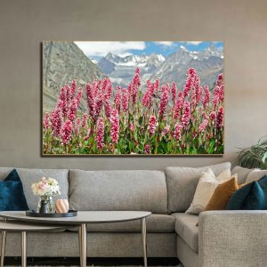 Alpine Flower Bloom | Premium Canvas Nature Art | Beautiful Pink Flowers with Majestic Mountain Backdrop | Wall Art | Large Size | 48 inch x 30 inch or 4 feet x 2.5 feet | Orientation - Landscape
